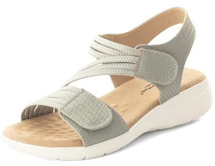 Cushion Walk Extra Wide EEE Fit Sandals for Women, Adjustable Double Touch Fastening Straps Low Wedge with Extra Thick Cushioned Insole, Ladies Comfort Strappy Summer Shoes - Size 5 UK, Sage