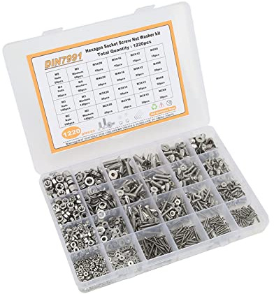 Acouto 1220 Pièces Kit de Rondelle d'écrou à Vis à Douille Hexagonale Plate 304 en Acier Inoxydable M2 M3 M4 M5 Kit d'assemblage de Vis de à Tête Plate de Rondelle 'écrou à de à Douille