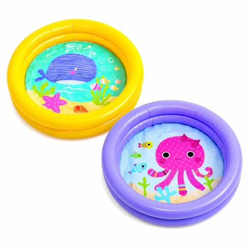 LEMAG SRL Piscina Gonfiabile Baby Rotonda con Fondo Animaletti Ø61x15 cm – 2 Anelli – 17 Litri – 1-3 Anni – con Kit Riparazione