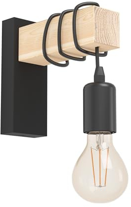 EGLO Wandlampe innen Townshend, Vintage Wandleuchte mit Holzbalken | Retro Wand Lampe aus Holz und Metall in Schwarz, E27