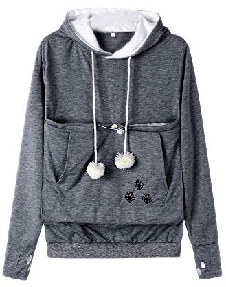 Dehots Damen Pullover Kapuzenpullover mit Katzen Hund Tasche Hundetasche Katze Sweatshirt Pulli Hoodie Kapuze Katzenpulli Beutel Langarm Herbst Winter große größen, Dünn Modell- Grau 2, 4XL