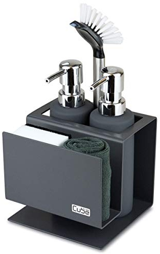 Cube Spülbecken Organizer Set Made in Germany: Prämierter Küchenorganizer inkl. Seifenspender & Spülbürste – Edler & Praktischer Spülorganizer für eine Aufgeräumte Küche – Spülset Anthrazit