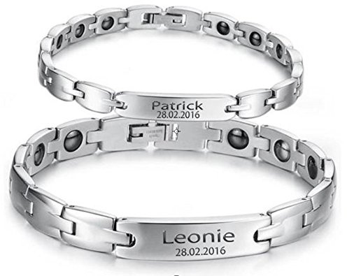 aplusashop ID Edelstahl Magnetisches Armband + Gravur nach Wunsch auch als Partnerarmbänder mit Box