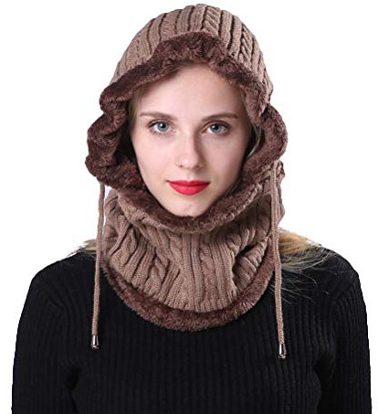LIOOBO Unisex Winter Outdoor Cap Praktische Radfahren Ski Kapuzenschal Hut Tragbare Gestrickte Verdickte Mützen für Frauen Männer (Khaki) Sport im Freien