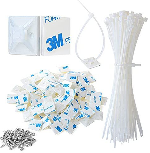 3/4 3M Back-Glue Self Adhesive White Strong Cable Zip Tie Mounts 100pcs with 8 Ties, Screws, Outdoor Sticky Wire Fasteners Cable Clips Management Anchors Organizer Holders Squares