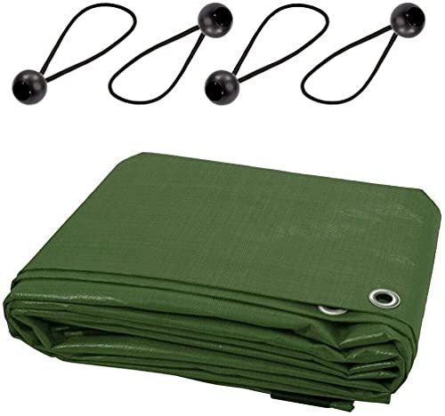 Waterproof Tarpaulin with 4 Ball Bungees - 2 x 3 m Green PE Tarp Cover for Garden, Wood, Camping, Groundsheet, Construction - 90 GSM UV Resistant, Tear-Proof, Mould-Proof, Rope-Reinforced Edges