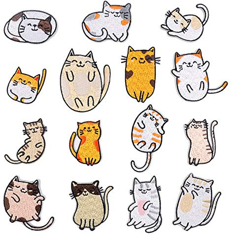 15 PCS Katzen Sticker Patches Zum Aufbügeln Buegelbilder Bestickte Patches Sticker Kinder, Applikation Flicken Zum Aufbügeln für DIY Kleidung Jeans T-Shirt Jacken Rucksücke