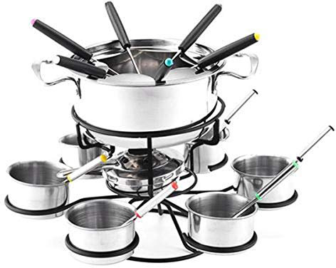 Juego de ollas para fondue de acero sin dolor, 6 tenedores de fondue, cuenco, cuchara con alcohol, queso, fondue de queso, ideal para chocolate, caramelo, queso, salsas y más