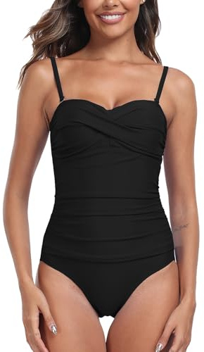 Derssity Women One Piece Swimsuit Ruched Tummy Control Swimming Costume Twist Push Up Swimwear Bandeau Bathing Suit(B,XL)