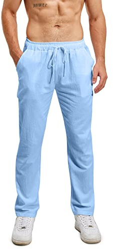 Lanckeli Pantalon de Yoga d'été en Lin pour Hommes avec Cordon de Serrage, Pantalon Coton Lin Homme, Pantalon Long Décontracté et Léger.