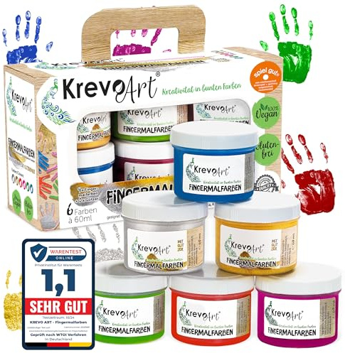 Krevo Art Colori delle dita – 6 colori brillanti e coprenti inclusi oro e argento, non tossico e lavabile, verniciabile con pennello, spugna e dita – con pagine da colorare creative per un