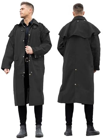 RESISTANCE Unisex Western Oilskin Waterproof Duster Coat, Workwear Black Brown Long Rain Coat With Brass Button And Pockets
