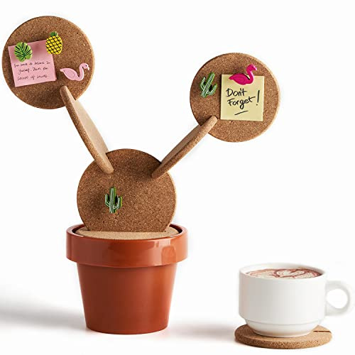 Cactus Coaster Set of 6,Cork Coasters with Holder,Cacti Coaster Tree with Flowerpot for Drinks Gift for Home Office Bar Decor(Includ 5 Funny Pins)