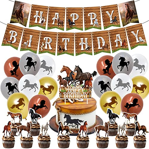 Houhounb 30 Stück Geburtstag Party Deko Set Pferde Luftballons Pferd Cupcake Topper Pferd Happy Birthday Banner für Pferdesport Themen Baby Shower Hochzeit Geburtstag Deko
