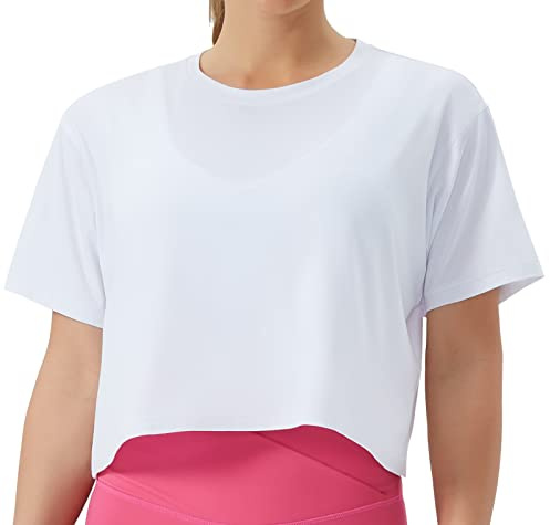 THE GYM PEOPLE Maglia Palestra Donna, Crop Top a Maniche Corte con vestibilità Ampia in Cotone - per Yoga, Fitness e Quotidiano, Bianco, S