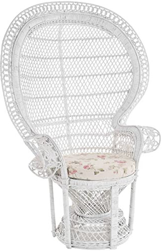 Pfauensessel XXL Pfauenthron aus Rattan Thron Pfauen-Sessel Korbsessel Pfau mit Eisenrahmen (Weiss, geblümtes Kissen)