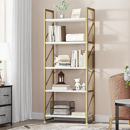 YITAHOME Bookcase 5 Tiers, Floor Standing Book Shelf, Wooden Shelf and Metal Frame Book Rack, Display Storage Rack Shelving Units for Living Room, Home Office - Gold Bookshelf