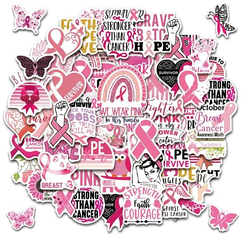 JULBEAR 200Pcs Breast Cancer Stickers, Breast Cancer Awareness Stickers Pink Ribbon Stickers Caring for Women's Health Water-Repellent Vinyl Stickers Decals for Laptop Bike | Waterproof Vinyl Material, Laptops Water Bottles Bikes, Breast Cancer Awareness Events, Pink Ribbon Stickers