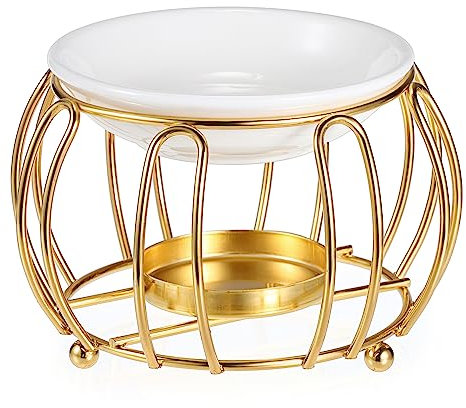 BSTKEY Metal Essential Oil Burner Wax Melt Burner with Ceramic Dish, Decorative Aroma Diffuser Tea Light Candle Burner for Home Office Wax Melting (Gold)
