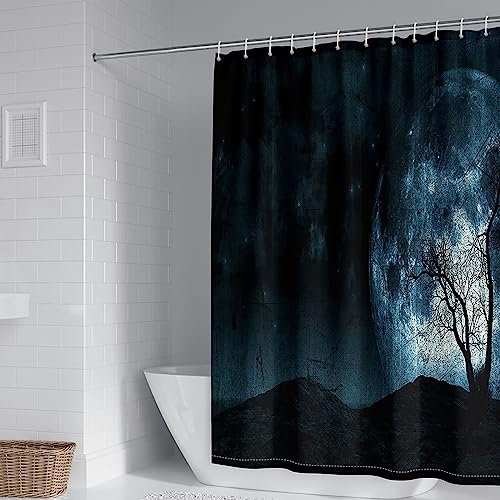 Whoiy Duschrollo Schwarz, Badevorhang 150X180cm Polyester Badegardinen Nachtmond und Wald Grau für Badezimmer Badewanne
