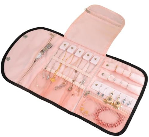 igadgitz home U7253 Faltbarer Schmuck Organizer, Schmuckrolle, Tragbare Schmuck Aufbewahrung, Reise Schmuckbeutel, Schmucketui Reise - Schwarz und Pfirsich