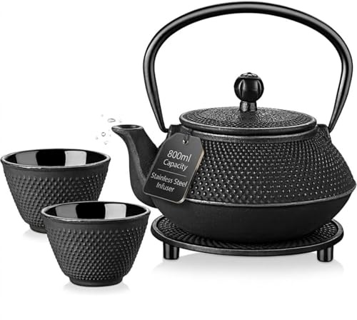 Gr8 Home 5 in 1 Cast Iron Teapot Set 800ml | Japanese Style Tetsubin Teapot with Infuser, Cups & Trivet | Tea Set for Adults Stovetop Tea Pot | Afternoon Tea Set with Tray | Black