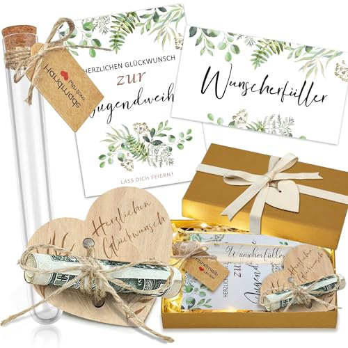 Geschenk zur Jugendweihe, INYESKON Geldgeschenke zur Jugendweihe Kärtchen Geld Grußkarte Personalisiert Kunststoff Reagenzglas mit Papier Lichterkette Raffia Gras Holz Herz Geschenkbox Geschenkideen