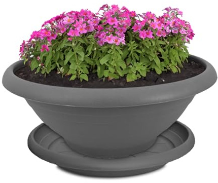 Pflanzkübel und Untersetzer als wetterfeste Pflanz-Schale mit Loch - runder 35 cm Pflanztopf in grau als frostsicherer Blumenkübel für außen - großer Pflanzentopf als Grab-Schmuck Blumentopf