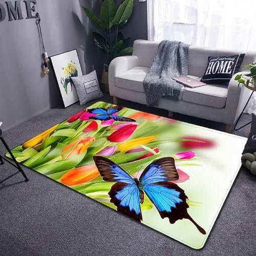 3D-Gedruckter Blauer Schmetterling, Gelbe Rote Lilie, Multifunktionale Dekorative Heimmatte, rutschfeste Bodenmatte, Kinderspielmatte Für Wohnzimmer, Sofa, Schlafzimmer, 200 X 300 cm / 78.74 X -0M9V