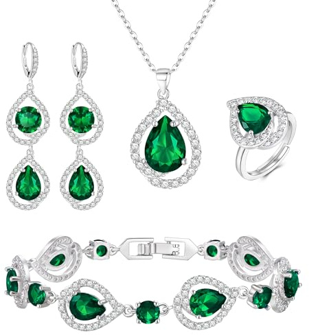EVER FAITH 4 Stück Schmuck Set für Damen Teardrop Cubic Zirkonia Anhänger Halskette Ohrringe Tennis Armband und Offene Ring Sets für Party Hochzeit Geburtstag/Valentinstag