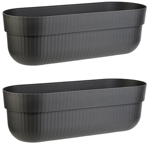 Engelland - 2 x Blumenkasten, Blumentopf, Farbe: Anthrazit, Pflanzkasten mit Wasserspeicher/Drainagesystem und Abstandshalter, 50 cm, PP-Kunststoff, Balkonkasten, länglich, formstabil