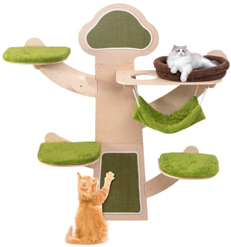 COSTWAY Kratzbaum Wand, Katzenwand mit Plattformen, Hängematte, Kratzpfosten, Kratzmatte & abnehmbarem Kissen, Kletterwand Katzen mit Katzenbett, Katzenbaum Katzenmöbel Wandmontage (Grün)