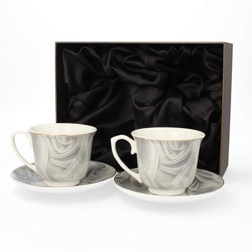 LIVELLO Set aus 2 Porzellantassen mit Untertassen 250 ml Elegante Kaffeetassen im Geschenkset Kaffebecher Kaffe-Tasse Porzellan Pott Tee Küche Restaurant Tassen Becher Perfekt Tee Grau