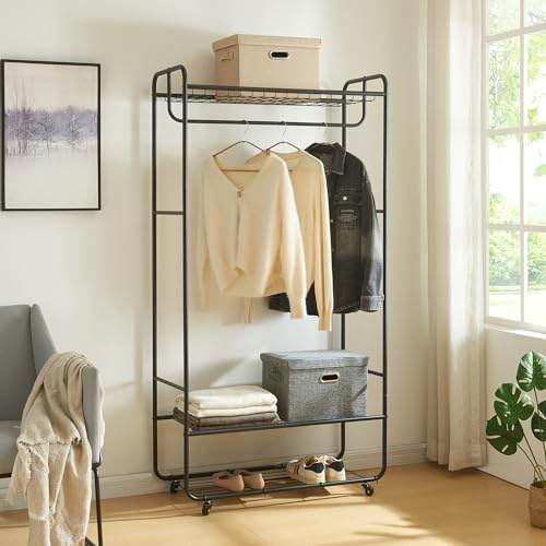 [en.casa] Klädhängare rullbar Vestvågøy Klädhängare på hjul med klädstång 176 x 90 x 40 cm hallrock ställning med 3 näthyllor metall svart