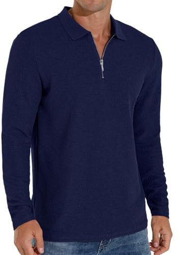 Sailwind Polo Shirts for Men Waffle Long Sleeve Tops Quarter Zip Polo Shirts Casual Men's T-Shirts (Navy Blue, M)