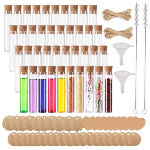Eowppue Kleine Reagenzgläser - 40 Stück Glasröhrchen mit Korken, DIY Kunststoff Reagenzgläser, Inklusive Anhängern, Hanfseil und Mini-Trichtern - Ideal für Dekoration, Handwerk und Verschenken