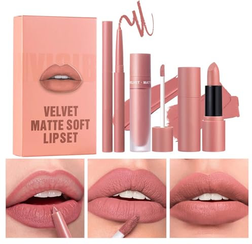 Matte Lippenstift Set, 3 Stück Lipstick Set mit Lippenstift, Lipgloss und Lip Liner, All In One Lipstick Kit, Langanhaltender, Matte Samtlippenglasur, Wasserdicht, Non-Stick Cup, Hochpigmentierter
