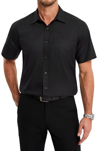 HISDERN Mens Shirts Short Sleeve Black Dress Shirts Casual Smart Non Iron Shirts Regular Fit Button Down Shirt for Formal Busniess 3XL