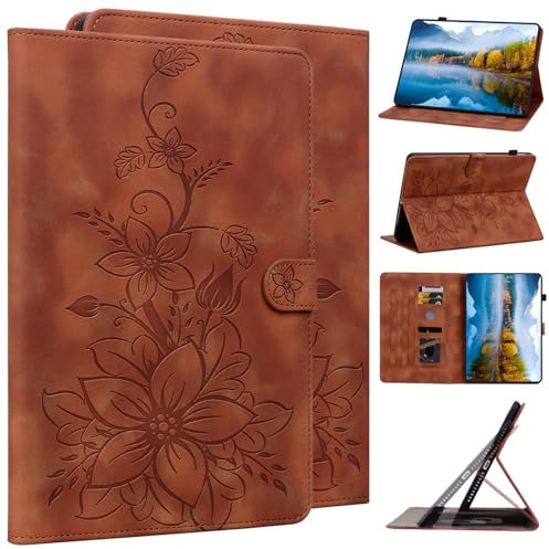 DayQiQiPu PU Ledertasche für Lenovo Legion Y700 (3rd Gen) 8,8 Zoll 2025 Lotus Lilie Blume Muster Flip Tablet Hülle Kartenschlitz Ständer Schutzhülle,Braun