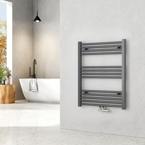 EMKE Handtuchheizkörper 750x600 mm - Gerade Badheizkörper mit Mittelanschluss, Effizienter Handtuchwärmer Handtuchtrockner Heizkörper für Bad, Anthrazit, 337W