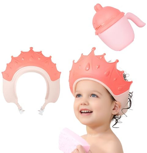 Duschhaube Kinder, Baby Sicherer Shampoo Cap mit Haarwaschbecher, Baby Verstellbarer Shampoo Schutz, Haare waschen ohne Tränen, für 0-9 Jahre Krone (Rot)