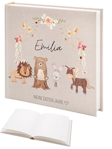 wunderwunsch Fotoalbum Einschulung personalisiert, Gästebuch, Deko, Erinnerungsalbum Schule, Geschenk Taufe, Kindergarten, Geburt, Geburtstag individualisiert (Tiere Blumenkreis)