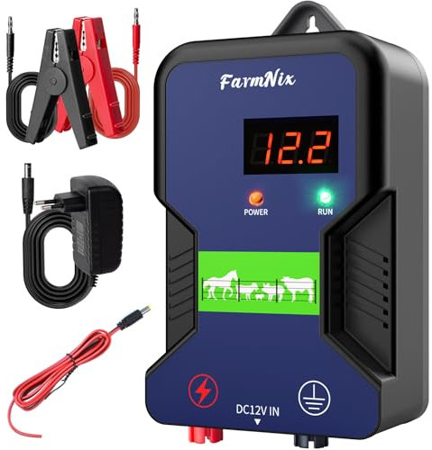 12V Weidezaungerät mit LED Anzeige, 2J Wasserdicht Elektrischer Weidezaun 230V für 15 KM Reichweite, LED Display Eelektrozaun für Schutz von Nutztieren,Haustieren,Geflügel, Hausweide,Gärten (Blau)