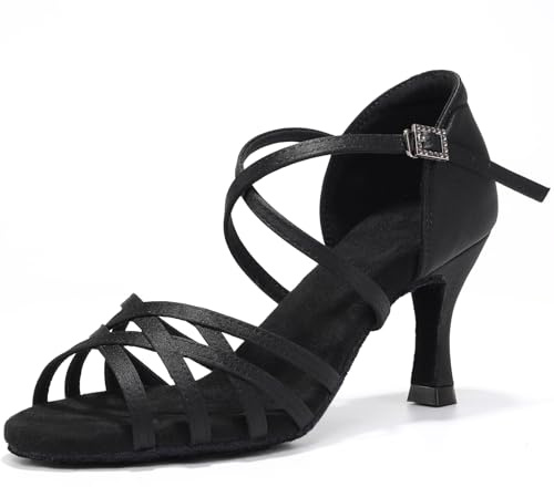 GYUBL Scarpe da Ballo Latino Americano Donna in Raso Salsa Bachata Professionali Scarpe Ballo da Sala with 7.5cm Tacco Nero EU 37.5
