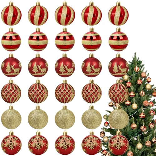 30 Adornos Navidad Rojos de 6 cm, Bolas de Navidad de plástico, Adornos Colgantes para Fiestas de Navidad, decoración del hogar