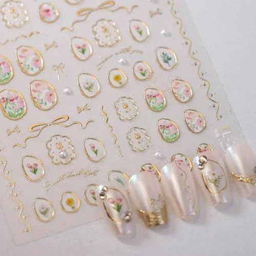 TELAIN 5D Relief Blumen Nageldesign-Sticker, Tulpen und Geometrische Rahmen, Selbstklebende Nageldekorationen in Gold für DIY Acrylnägel, 1 Blatt