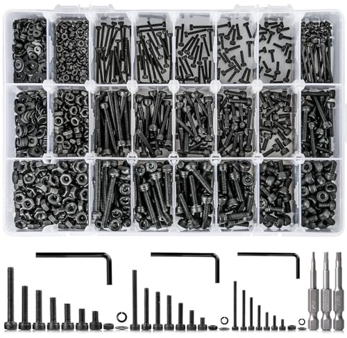 1713PCS Nuts and Bolts Set, K Kwokker M2 M3 M4 Hex Socket Head Cap Screws | 12.9 Grade Alloy Steel Hex Bolt Set, 3PCS Drill Allen Key Bit Set 1.5mm 2.5mm 3mm, Black Metric 21 Sizes 4MM to 30MM