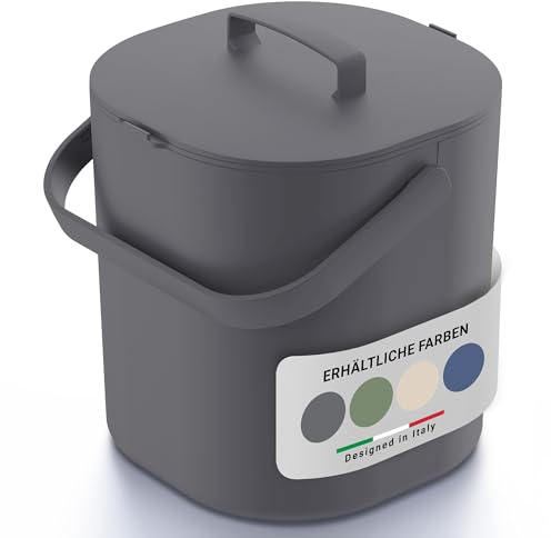 PTMS® Biomülleimer Küche 6L - Geruchsdichter Deckel gegen Fruchtfliegen | Praktischer Deckel zum Einhängen & Innensieb - Spülmaschinenfester Komposteimer Küche in modernem Design