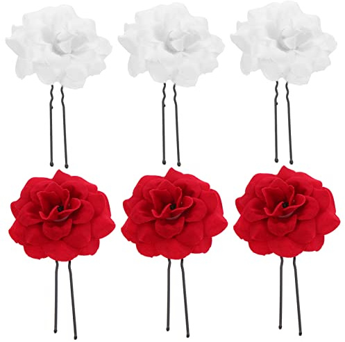 TOGEVAL Lot de 6 Épingles à Cheveux en Tissu Décor de Rose, Fourche à Chignon de U, Élégantes et Pratiques pour Mariages et Anniversaires