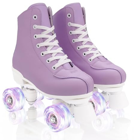 jessie Rollschuhe für Damen und Erwachsene, atmungsaktives PU-Leder, Blinkräder, Rollschuhe für Anfänger, Profis, drinnen und draußen (lila und weißer Blitzabsatz, 39)